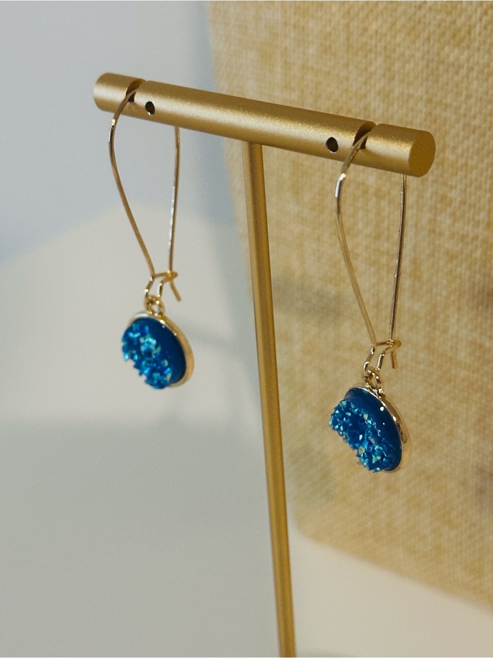 Fashion Jewelry Gold-Tone Earrings with Bright Blue Druzy Drops